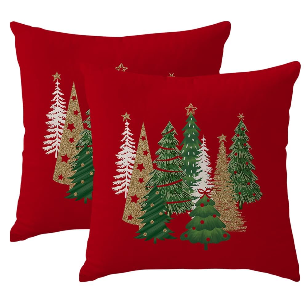 Photo 1 of *COVERS ONLY* RABUSOFA Christmas Pillow Covers 18x18 Inch Tree Decorations Red Velvet Throw Pillow Cases Xmas Christmas Decor Winter Decorative Pillows for Couch Holiday Soft Gold