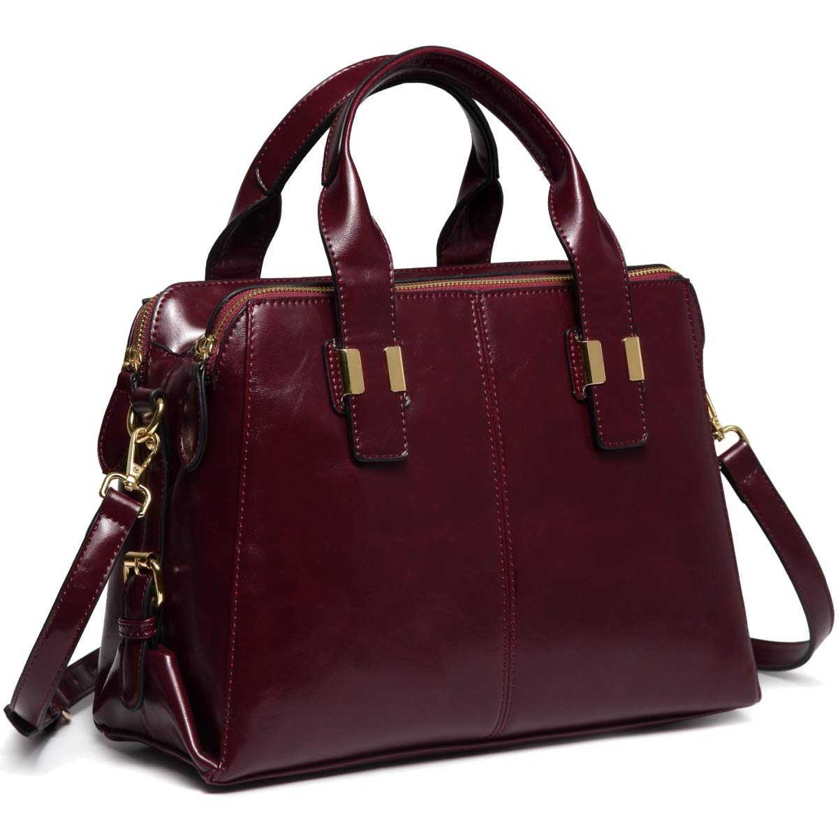 VASCHY Handbags for Women, Smooth PU Leather Top Handle Bag Ladies Satchel Work Tote Bag with Triple Compartments (Burgundy)