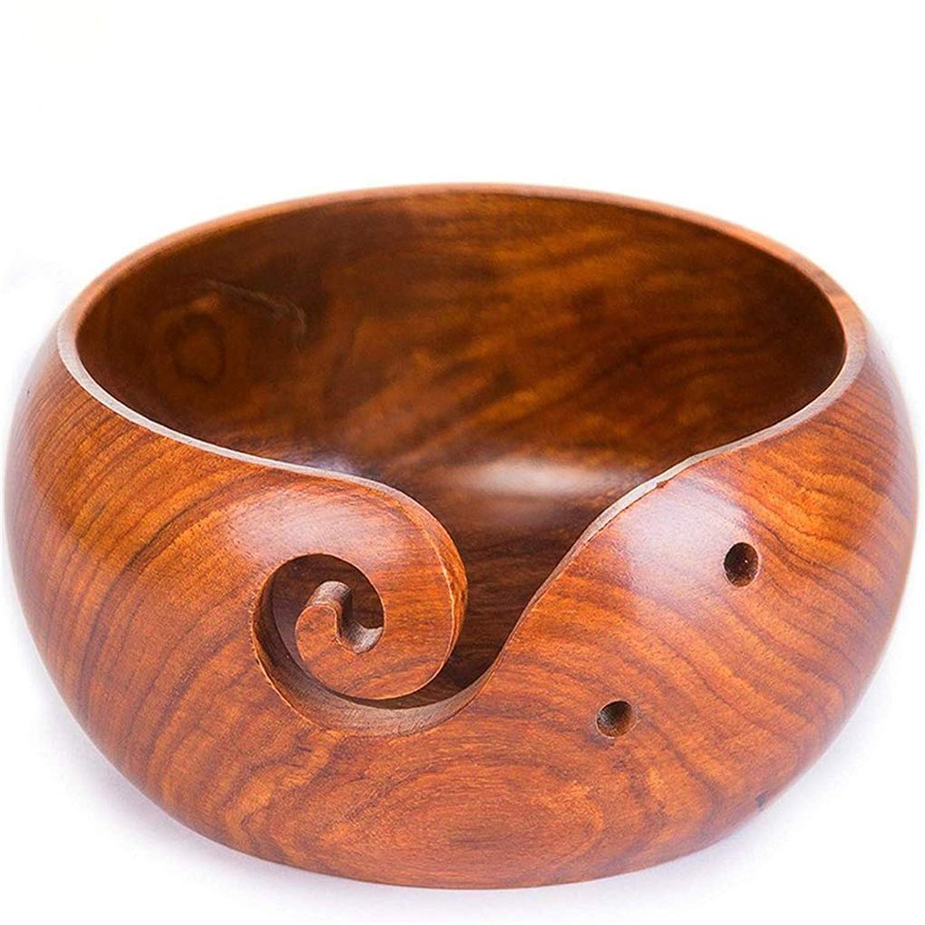 6.5 Inches Handmade Wood Yarn Storage Bowl - Knitting Crochet Accessories - Crafted Wooden Weaving Thread Bowl with Carved Holes and Drills Holes #2