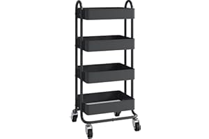 ELITEHOUSE Metal 4-Tier Rolling Cart with Handle,Multifunction 4-Tier Rolling Cart Metal with Wheels,Kitchen Storage Carts Suitable for Office,Home,Kitchen,Garden（13.4"x18.1"x40"） Black