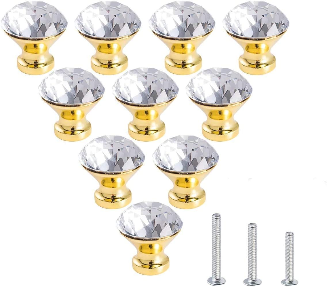 C&Z 10pcs 30mm Crystal Glass Cabinet Knobs Kitchen Dresser Cupboard Drawer Pull Handles with Screw for Office Chest Bathroom Bedroom Wardrobe Gold