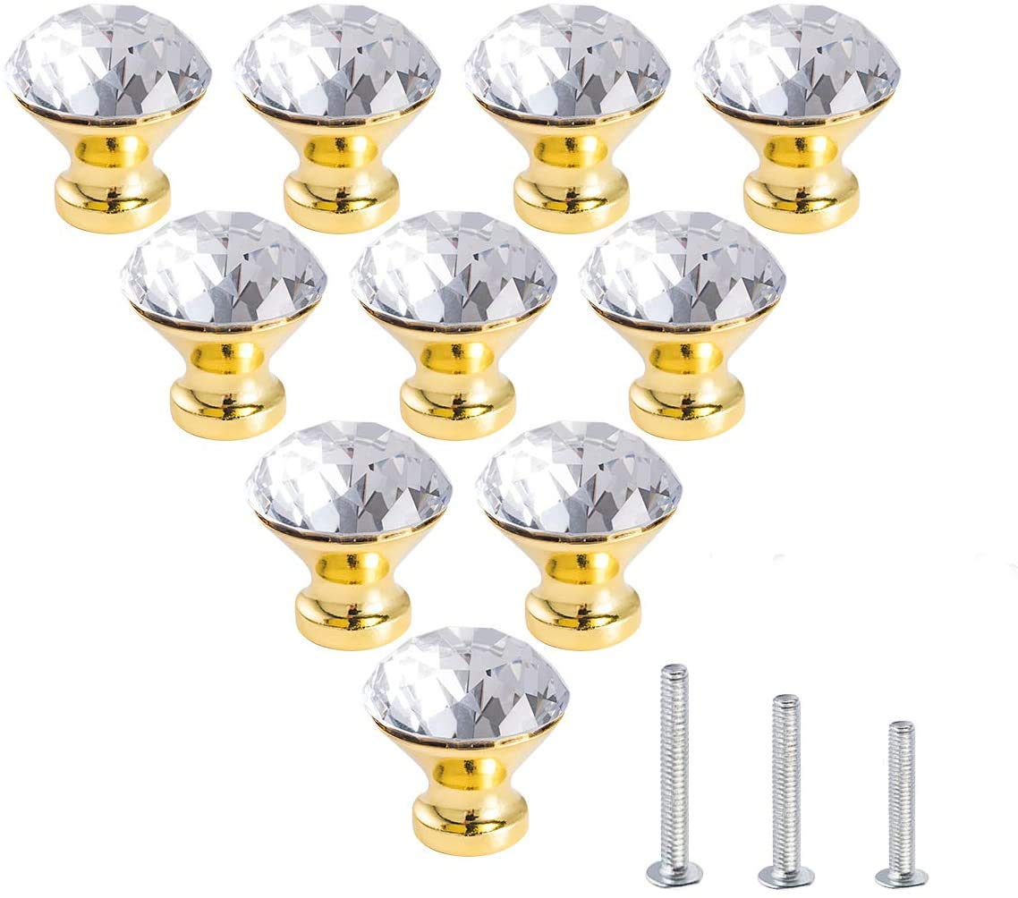 C&Z 10pcs 30mm Crystal Glass Cabinet Knobs Kitchen Dresser Cupboard Drawer Pull Handles with Screw for Office Chest Bathroom Bedroom Wardrobe Gold
