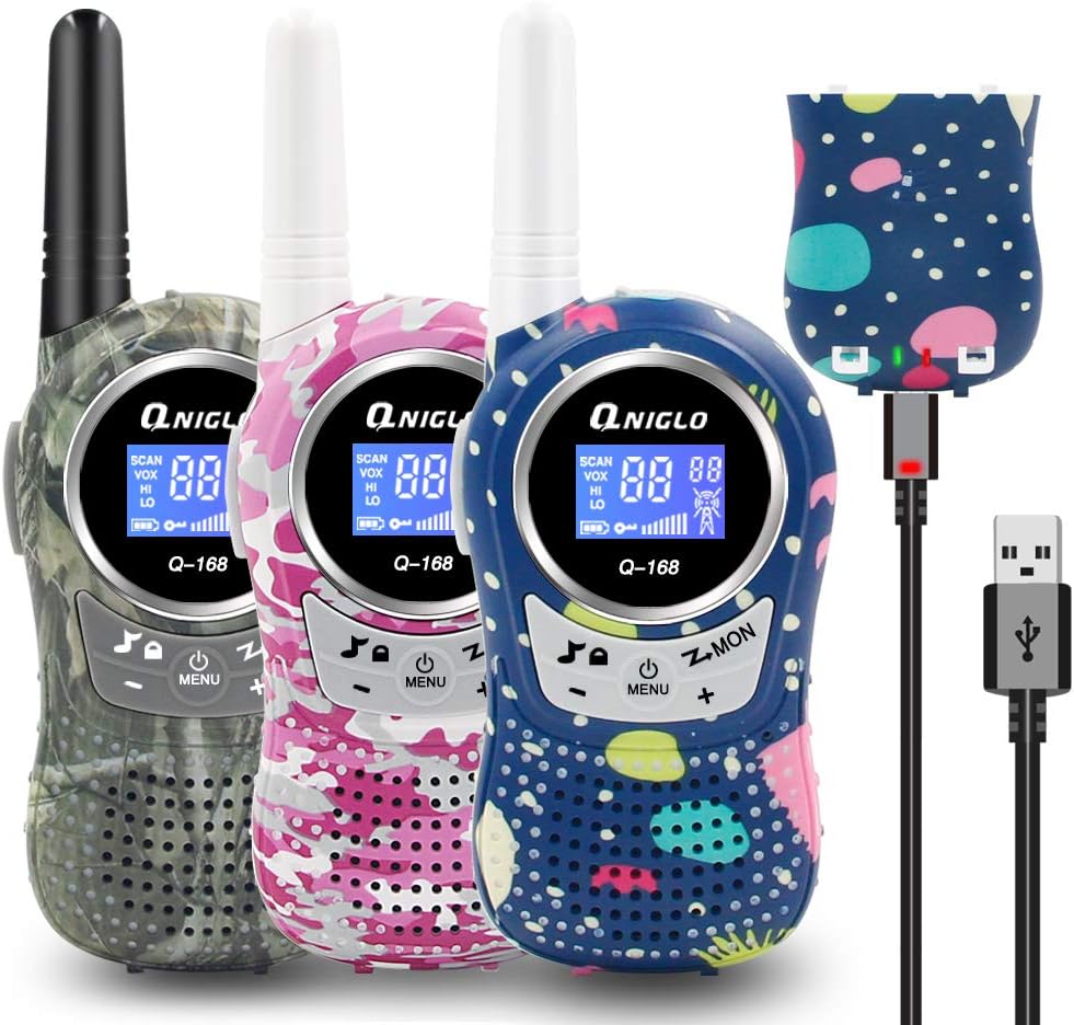 QNIGLO Rechargeable Walkie Talkies 3 Pack, 8 Channels PMR Two Way Radio Toys, Kids Walkie Talkies with Rechargeable Battery
