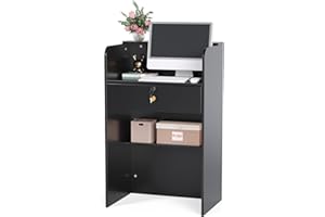 OmySalon Reception Desk with Counter, Small Front Checkout Desk w/Lockable Drawer, Wooden Modern Reception Table for Salon Lobby Office Home (Black, 24)