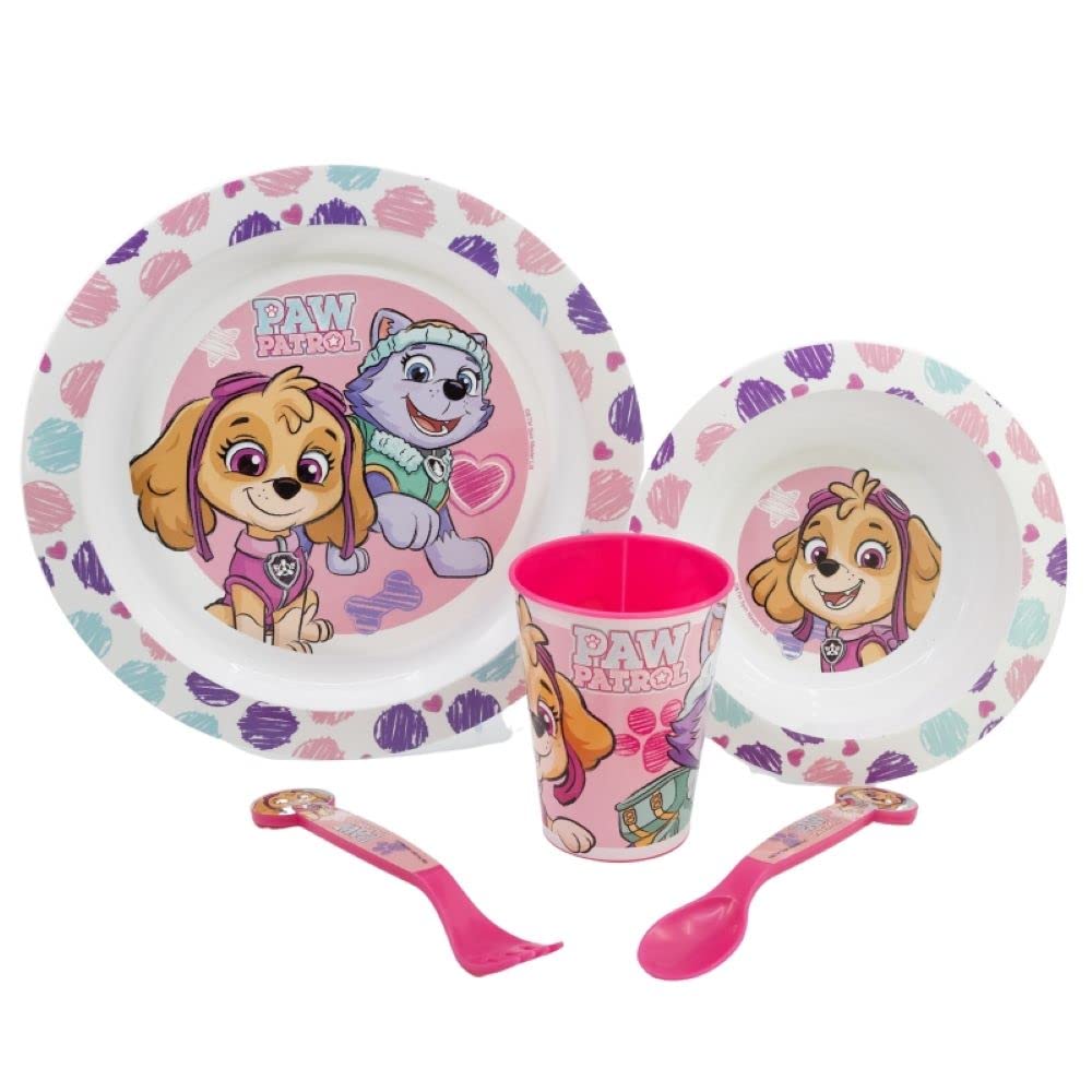 Girl Cartoon Character Dinner Tableware Set 5pcs Plate, Bowl, Cup & Cutlery, BPA Free re-usable Plastic Microwave Safe (Girl)