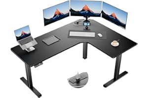 HUANUO 63″ Dual Motor L-Shaped Standing Desk, Built-in Power Outlets, Electric Height Adjustable Corner Computer Desk, Large Power Strip Holder, Sit Stand Up Desk with 3 Preset Heights, Black