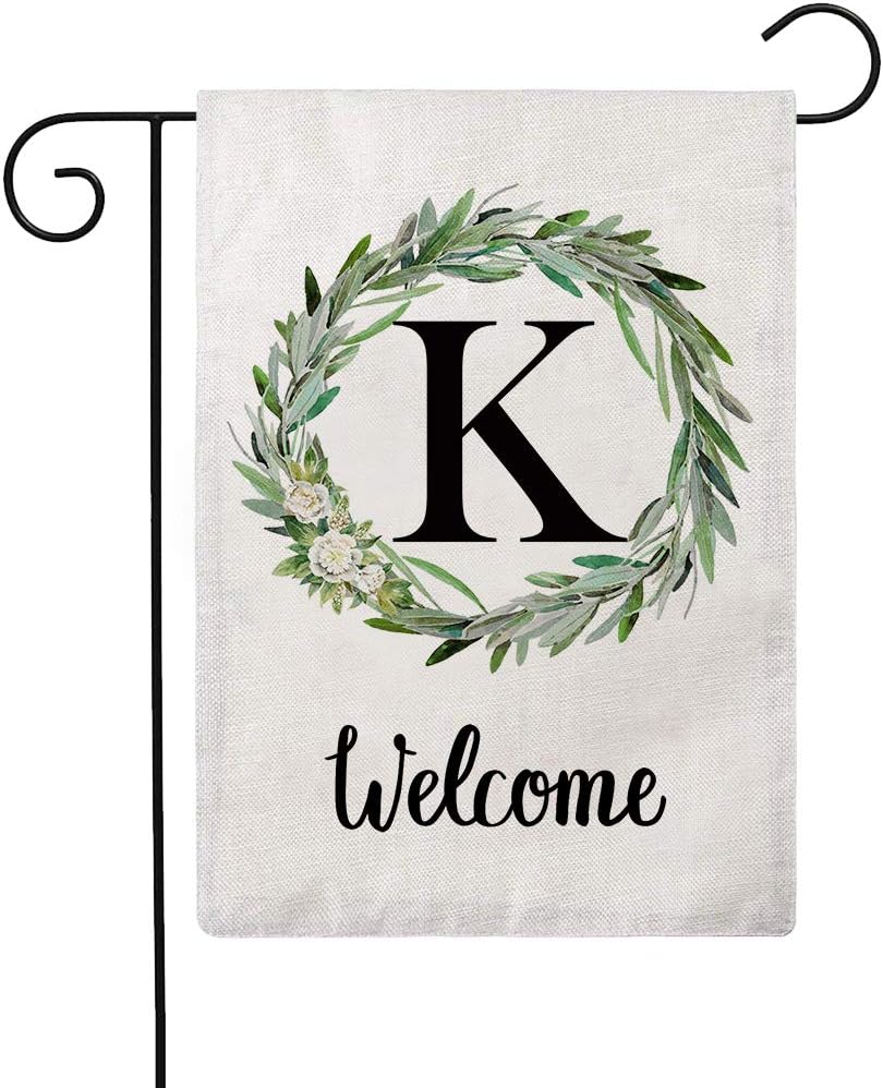 ULOVE LOVE YOURSELF Welcome Decorative Garden Flags with Letter K/Olive Wreath Double Sided House Yard Patio Outdoor Garden Flags Small Garden Flag 12.5×18 Inch
