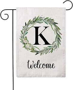 ULOVE LOVE YOURSELF Welcome Decorative Garden Flags with Letter K/Olive Wreath Double Sided House Yard Patio Outdoor Garden Flags Small Garden Flag 12.5×18 Inch