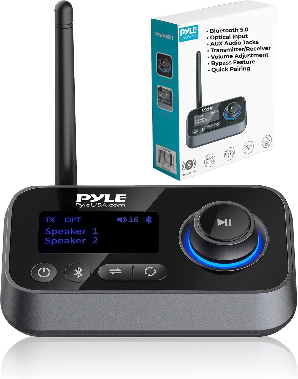 Photo 1 of Pyle Wireless Bluetooth Transmitter Receiver - Audio Transmitting Box for TV Home Stereo, LCD Display, Optical, and AUX Audio Jacks, Bluetooth Version: 5.0