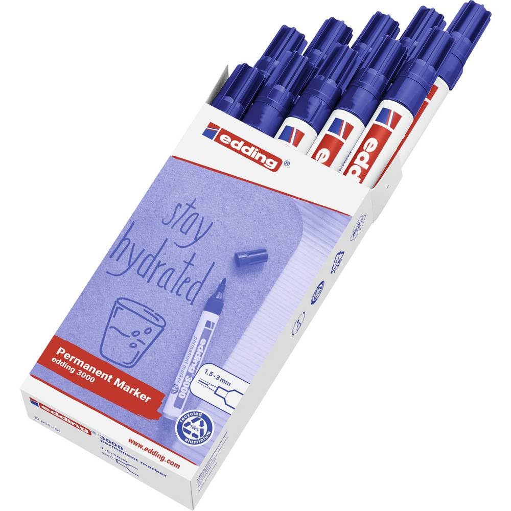 edding 3000 permanent marker - blue - box of 10 - round tip 1.5-3 mm - quick-drying permanent markers - waterproof, smudge-proof - for cardboard, plastic, wood, metal, fabric - marker pens
