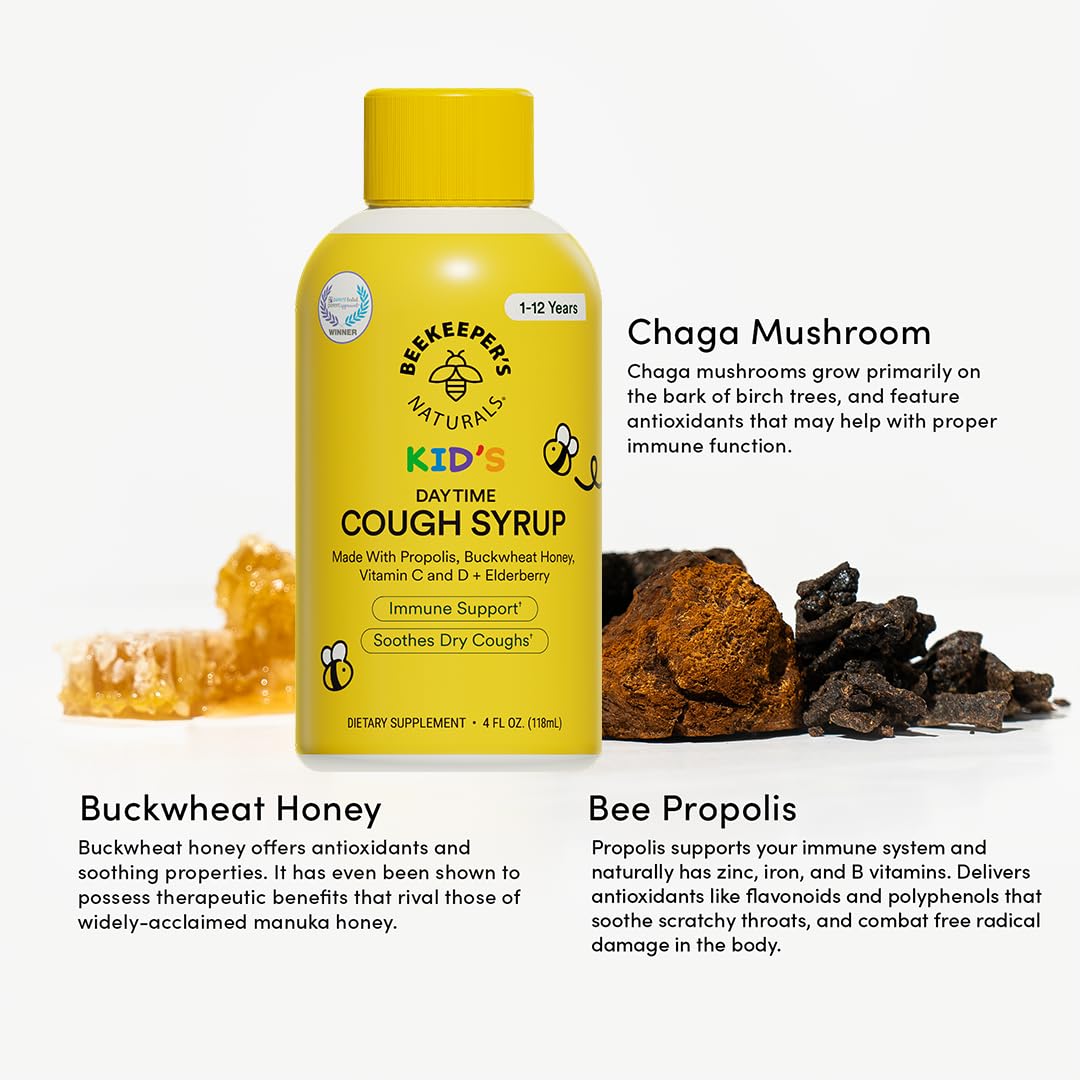 Beekeeper's Naturals Propolis Honey Cough Syrup Daytime for Kids Immune Support with Elderberry, Vitamin C, Vitamin D & Raw Honey - Throat Soothing - Gluten Free & Clean Ingredients, 4 oz.