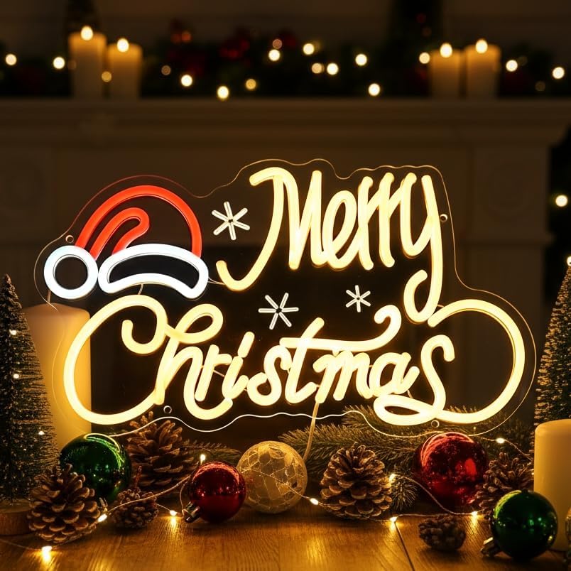 Photo 1 of Neon Sign with Santa Hat, 16x9 In Xmas Led Neon Sign USB Powered Merry Christmas Neon Light Up Sign for Home Wall Decor Kids New Year Party Backdrop