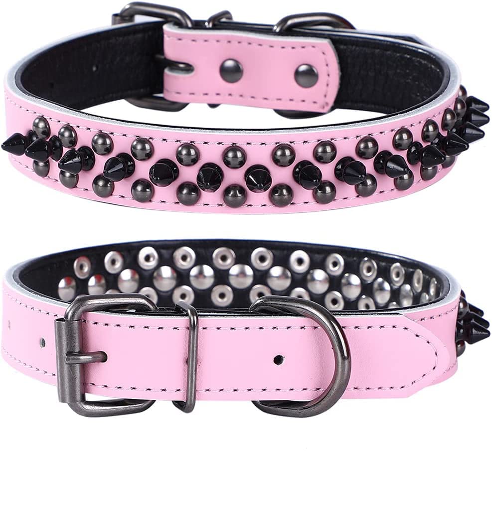 haoyueer Spiked Studded Dog Collar, Genuine Leather Dog Collar, Adjustable Pet Collars for Medium Large Bulldog Pitbull Mastiff Poodle Boxer (L, Pink-1)