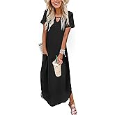 Zeagoo Womens Maxi Summer Dress with Pockets Casual Short Sleeve Sundress Trendy 2026 Curve Hem Long Dress