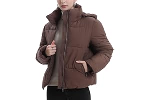 PUFFIT Women's Cropped Puffer Jackets,Warm Winter Jacket with Removable Hood,Zipped Pockets,Short Ladies Quilted Coat