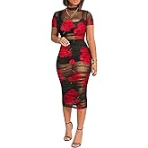 Mojessy Sheer Dress for Women Sexy Short Sleeve Ruched Mesh Bodycon Dress Adjustable Strap Top Mini Skirt 3 Piece Outfits Set