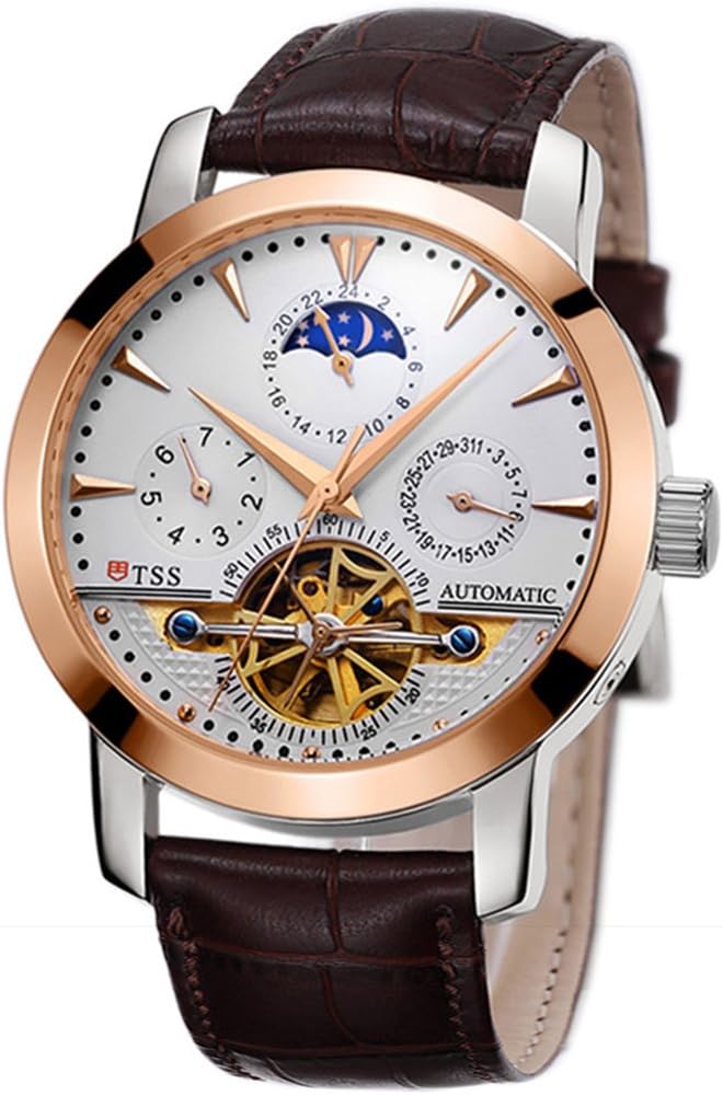 Men’s Automatic Tourbillon Moonphase Watch T8030 - Mechanical Stainless Steel Round Watch Synthetic Sapphire Pure & Clear Window - Water Resistant Up to 50m