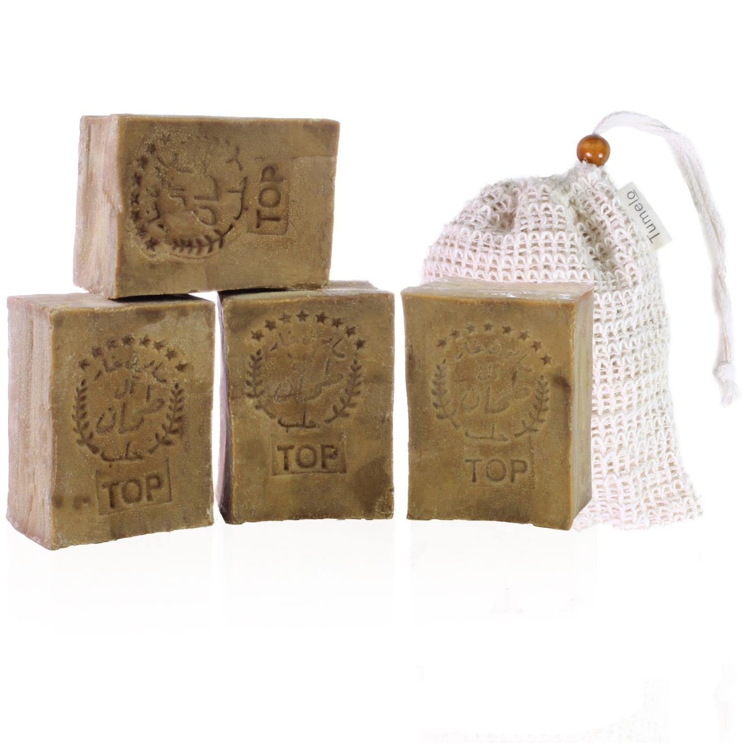 TUMELO Original Aleppo Soap 4 x 200g (800g) 70% Olive Oil 30% Laurel Oil + Soap Pouch - Handmade Olive Oil Soap - Natural Soap - Solid Hair Soap/Shower Soap