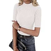 PrinStory Womens Mock Neck Tops Short Sleeve Turtleneck Slim Fit Basic Shirt for Business Casual Work Dressy Wear S-2XL