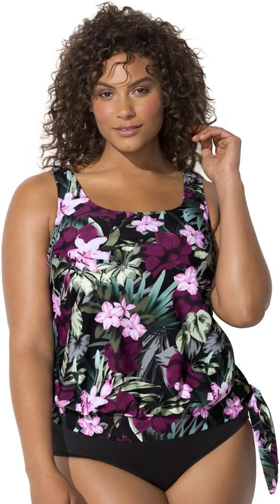 Women's Plus Size Side Tie Blouson Tankini Top
