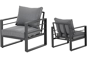Patiorama Aluminum Patio Furniture Set, 2 PCS Outdoor Armchairs Single Sofa Couch, All Weather Dark Grey Metal Chair with Olefin Cushion, Deep Seating, 300 lbs Capacity, Deck, Garden-Grey Cushion