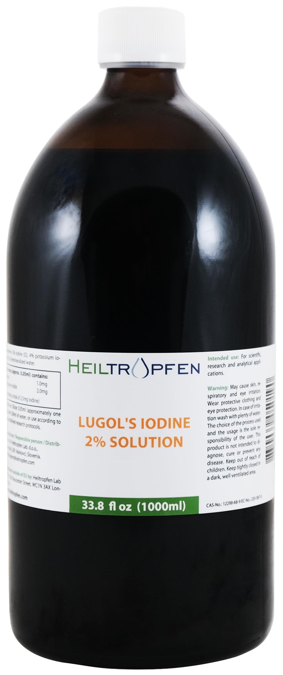 Lugol's Solution 33.8 Oz - 1000 ml | 6% Strength Liquid Formulation | Made with 2 Percent Iodine and 4% Potassium Iodide Liquid | Drops | Third-Party Tested | Heiltropfen®