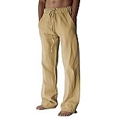 PIDOGYM Mens Cotton Linen Pants, Summer Beach Pants Casual Loose Fit with Elastic Waist Drawstring
