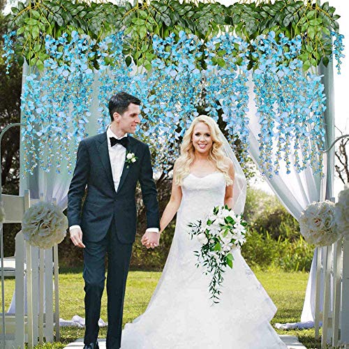 12pcs Artificial Wisteria Flowers 3.6 Feet/Piece Blue Dense Artificial Fake Wisteria Vine Ratta Hanging Garland Silk Flowers String Home Party Wedding Decor（Blue-Dense）