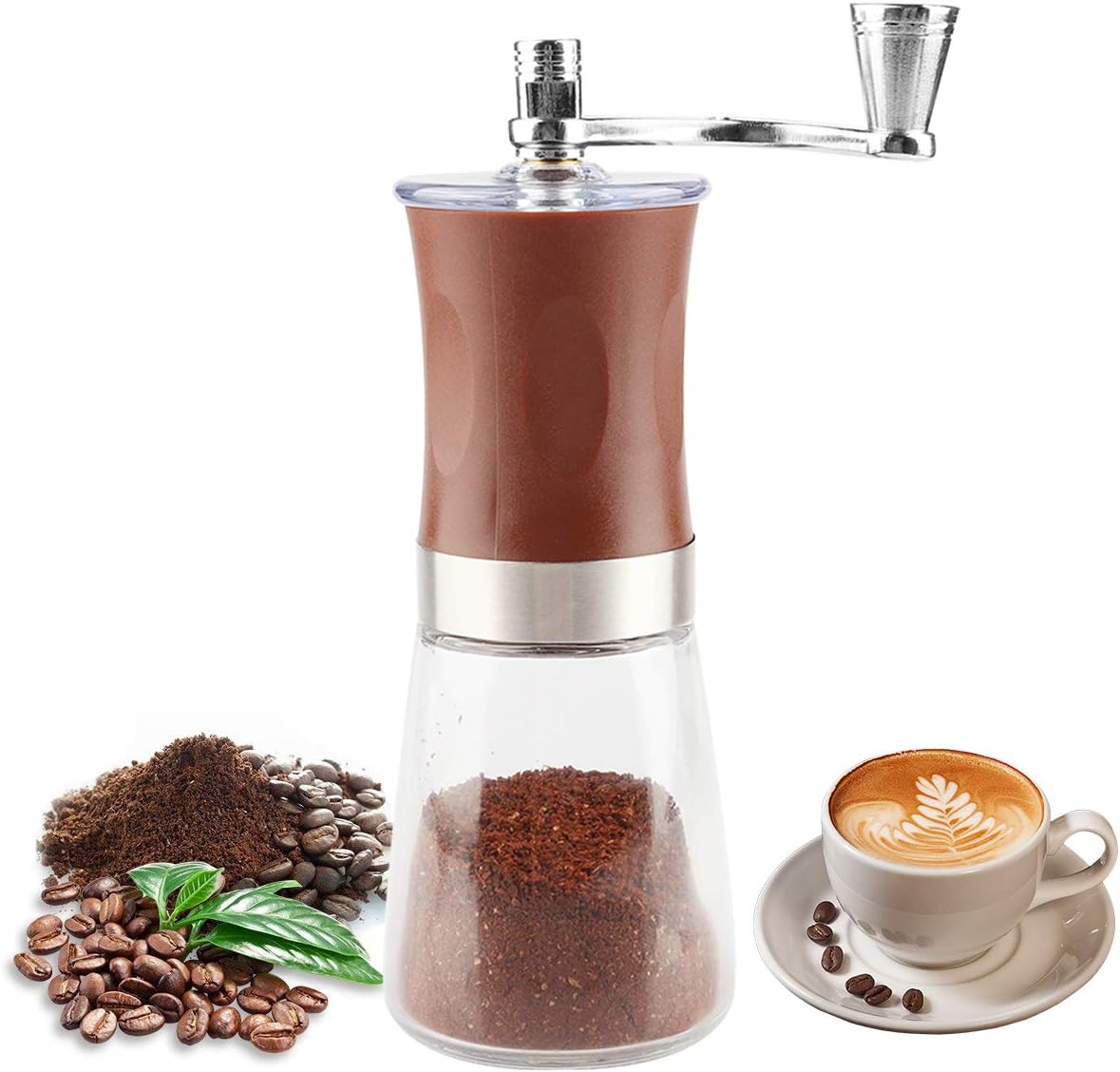 Manual Coffee Grinder with Soft Brush, Pococina Hand Grinder Ceramic Conical Burr Mill Hand Crank Coffee Bean Grinder for Home Office Travel Camping