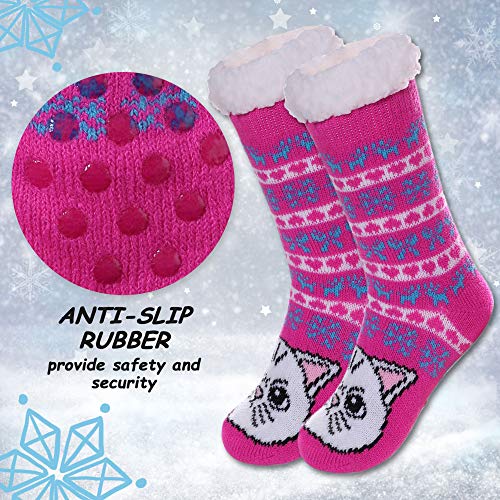 LANLEO Boys Girls Cute Animal Slipper Socks Fuzzy Soft Warm Thick Fleece Lined Winter Socks Kids Toddlers Christmas Stockings Cat,5-8 Year Old