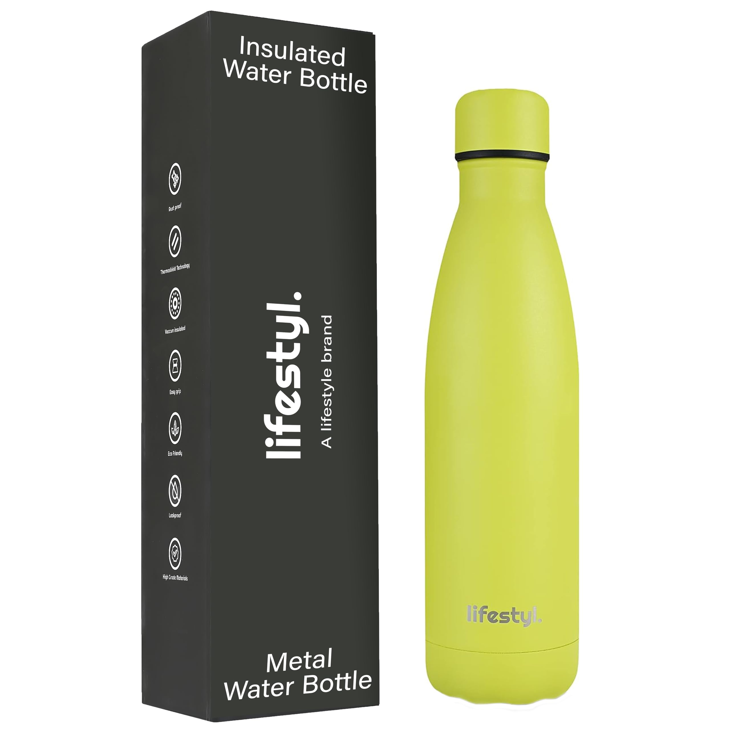 LIFESTYL. Lifestyl Stainless Steel Water Bottle 24 Hrs Cold & 12 HotThermoshield Technology Vacuum Insulated Metal Bottles, Leak-Proof Drinks Gym, Yoga, Cycling (500 ml, Citrus Green)