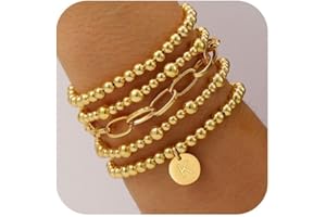 Lydow Gold Beaded Bracelets for Women, 18K Gold Plated Initial A-Z Stretch Bead Ball Stackable Bracelet with Letter Jewelry Set Gifts