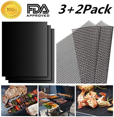 BBQ Grill Mat - Set of 3 Pack Solid + 2 Pack Mesh Non-Stick Grill &amp; Baking Mats - 13×15.75inch - Heat Resistant,Reusable,Easy to Clean - Work for Gas,Charcoal,Electric Grill and More