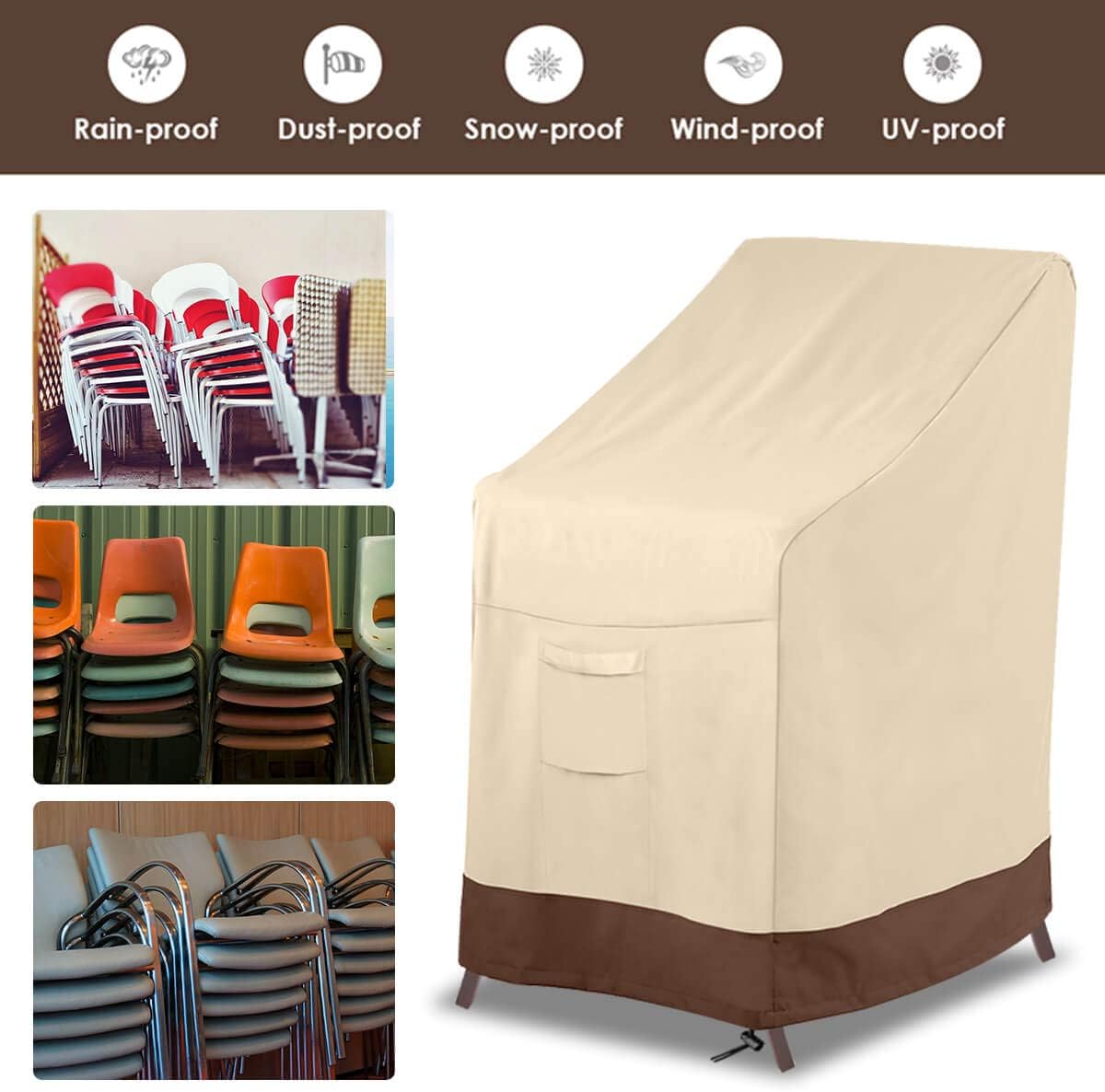 Vailge Stackable Patio Chair Cover,100% Waterproof Outdoor Chair Cover, Heavy Duty Lawn Patio Furniture Covers,Fits for 4-6 Stackable Dining Chairs,36" Lx28 Wx47 H,Beige&Brown: Furniture & Decor