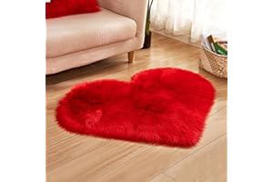 ZuTKekon Faux Fur Sheepskin Heart Shaped Area Rugs, 12"x16" Luxurious Wool Love Floor Carpets Bathroom Non-Slip Mat for Home Decor Nursery Living Room Bedroom Pet Kids and Baby Room (Red)