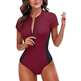 Holipick Short Sleeve Rash Guard for Women - Modest One Piece Swimsuit UPF 50+ Zipper Bathing Suit