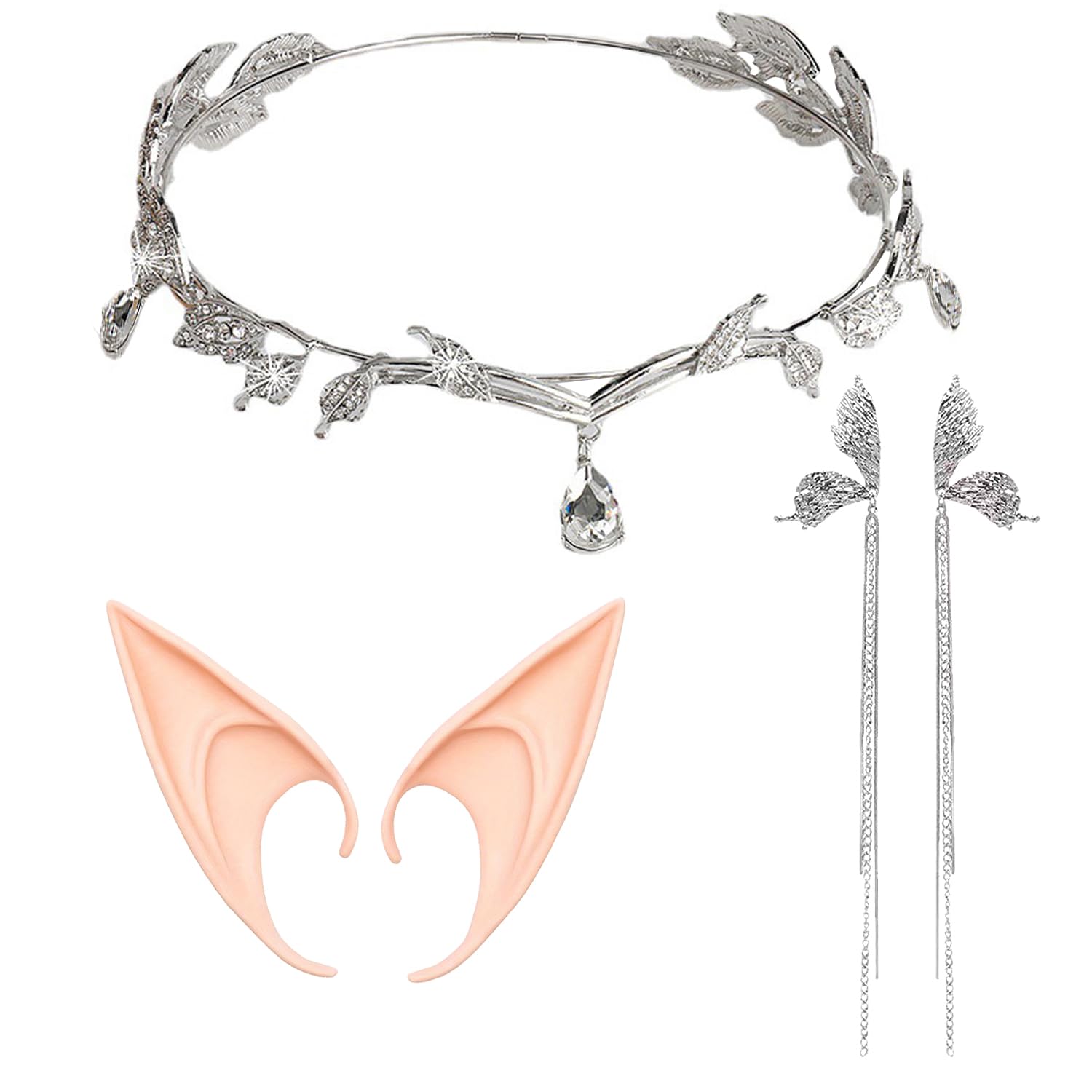 GAZIL Set of 3 Crystal Princess Elven Headpiece with Large Elf Ears Adult & Silver Angel Wing Earrings, Fairy Crown Tiara Head Jewelry for Elf Costume Women Cosplay Renaissance Halloween