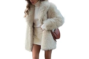 COZYPOIN Womens Faux Fur Coats Warm Mid Long Furry Jackets Long Sleeve Lapel Winter Fluffy Outerwear Shaggy Parka Coat