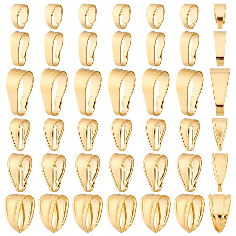 PH PandaHall 60pcs 24K Gold Plated Snap on Bails, 6 Styles Golden Pinch Bails Brass Pendant Clasp Connectors Necklace Charm Clasp Jewellery Clasps Pendant Bails for Necklaces Earrings Jewellery Making