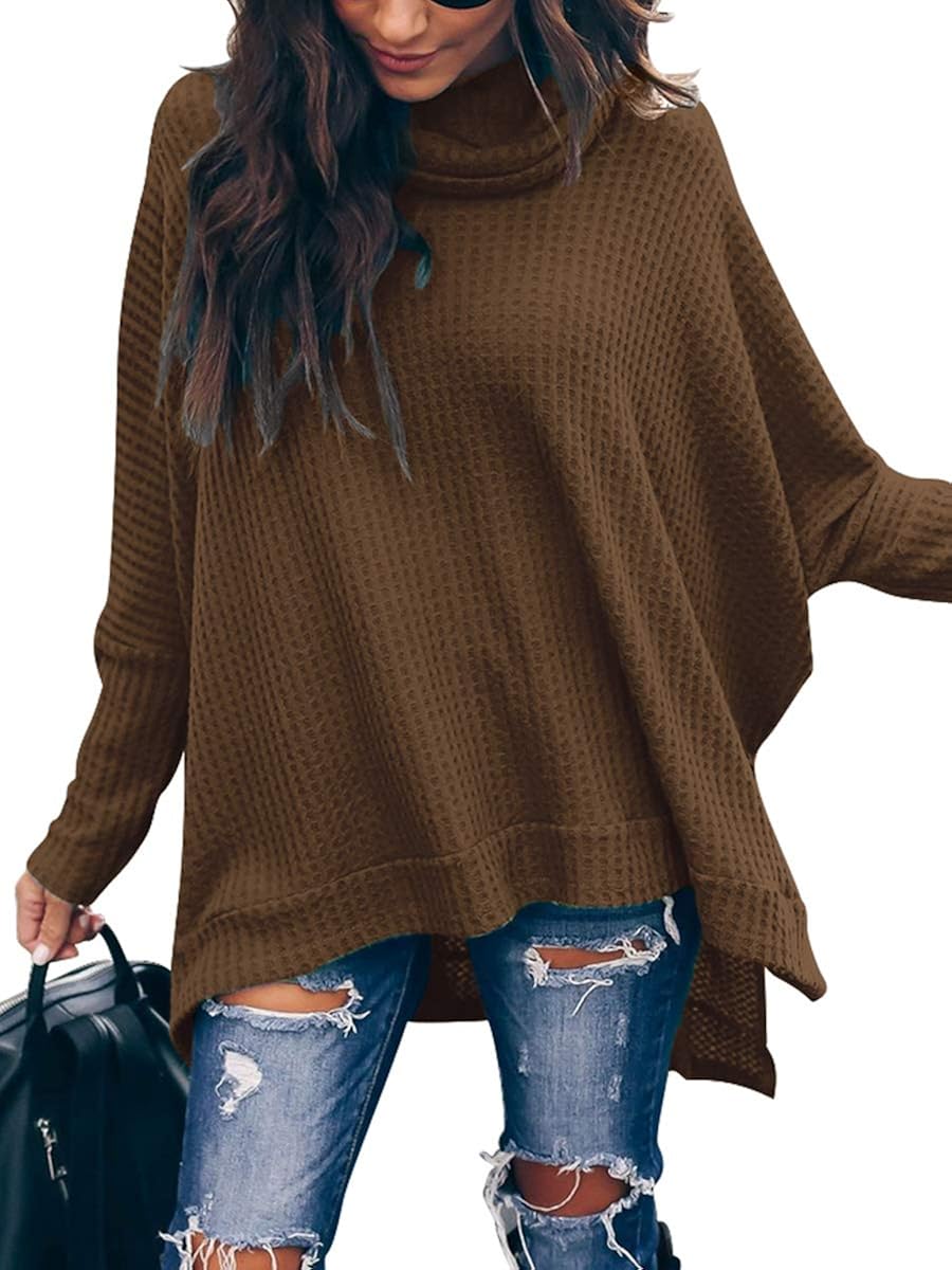 ANRABESS Women Turtleneck Batwing Sleeve High Low Hem Side Slit Waffle Knit Casual Loose Oversized Sweater Tunic at  Women’s Clothing store