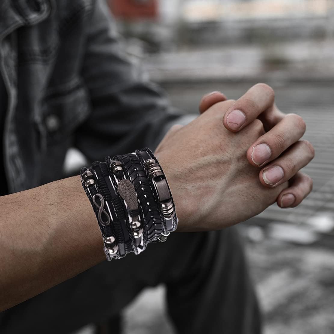 WAINIS 6 Pack Mens Black Leather Bracelets Set for Men Stackable Braided Cuff Bracelet Tribal Punk Rock Handmade Wristband: Jewelry