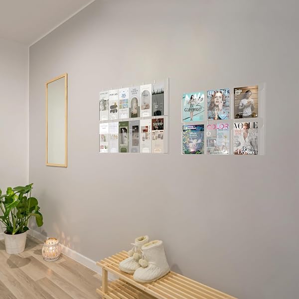 ACRYLIC BROCHURE PAMPHLET HOLDER, 6 MAGAZINE HOLDERS AND 12 PAMPHLET HOLDERS, CLEAR BROCHURE DISPLAY HOLDER WALL MOUNT, TRIFOLD FLYER RACK, LITERATURE STORAGE RACK FOR HOME, OFFICES, WAITING ROOM