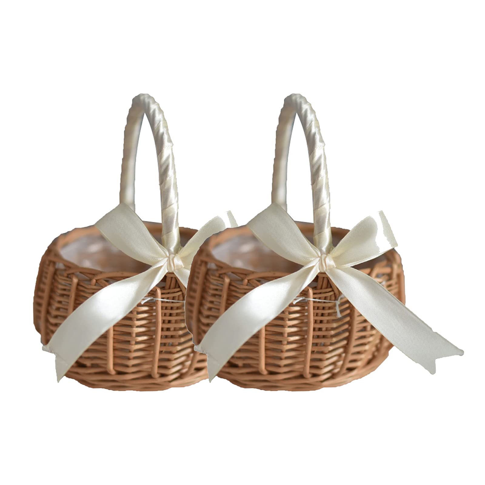 Pumpumly 2-Pack Flower Girl Basket - Rattan Flower Basket Wedding Flower Girl Baskets with Handles and Ribbon,Handmade Rustic Woven Storage Basket for Wedding Home Garden Decor