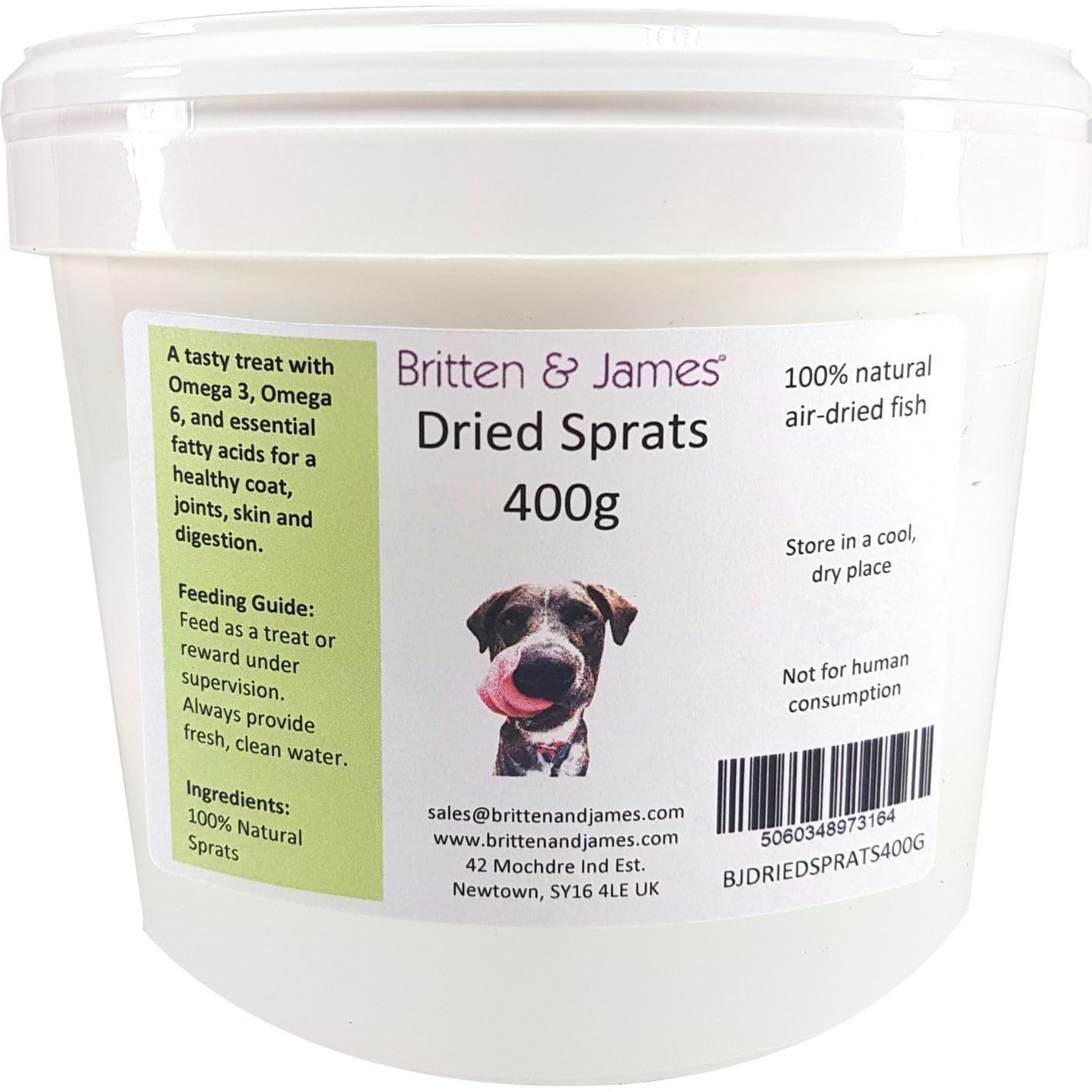 Natural Air Dried Sprats for Dogs in a Resealable Tub (400g) by Britten and James. A 100% Natural, Healthy, High Protein Snack and Training Treat