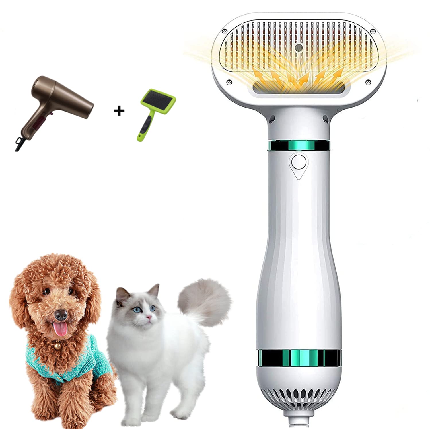 Kikuo Dog Hair Dryer, 2 in 1 Pet Grooming Hair Dryer with Brush, One Click Waxing, Adjustable Temperature, for Dogs and Cats
