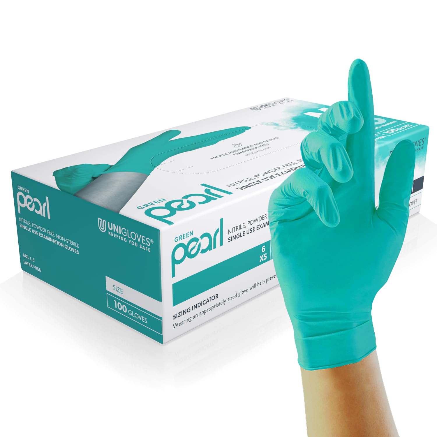 Unigloves Green Pearl Nitrile Examination Gloves - Multipurpose, Powder Free and Latex Free Disposable Gloves - Box of 100 Gloves, Green, Extra Large (GP0045)