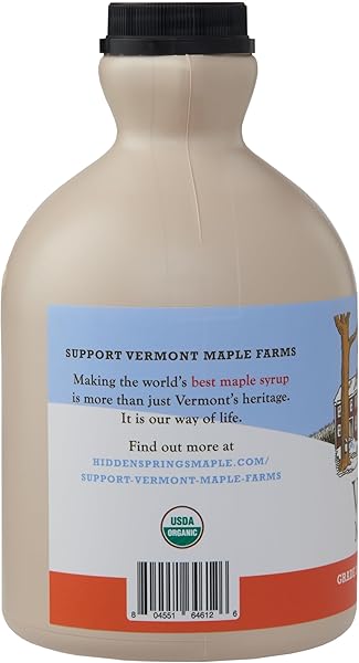 HIDDEN SPRINGS MAPLE ORGANIC VERMONT MAPLE SYRUP, GRADE A AMBER RICH, 32 OUNCE, 1 QUART, FAMILY FARMS, BPA-FREE JUG