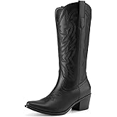 Athlefit Cowboy Cowgirl Boots for Women Fashion Low Chunky Heel Snip Toe Embroidery Western Mid Calf Boots