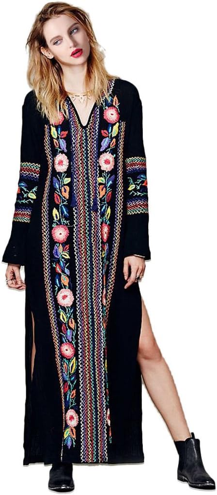 CA Mode Women Gypsy Embroidered Flower Mid-Calf Dress