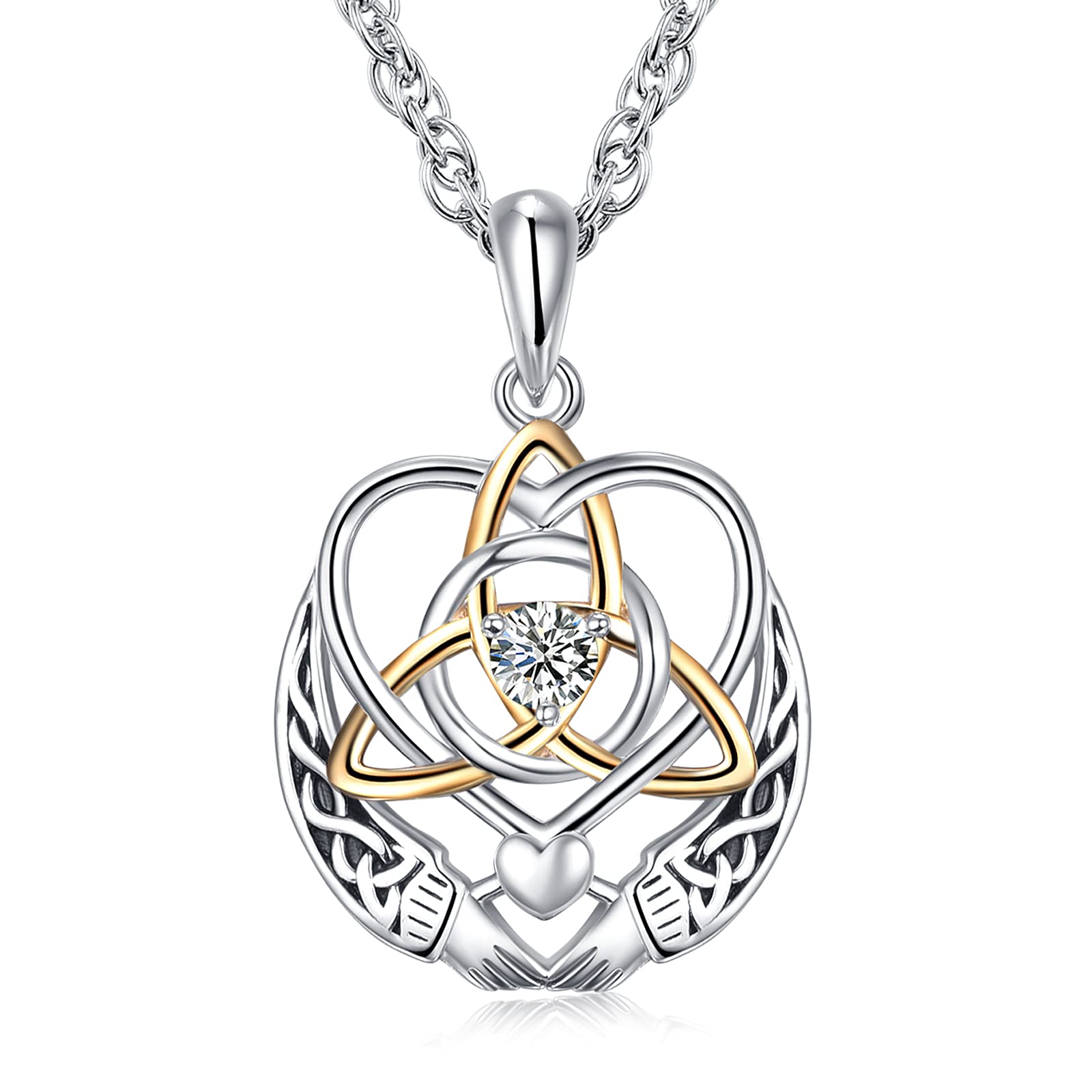 KINGWHYTE Gold Claddagh Knot Necklace for Womens 925 Sterling Silver, Celtic Knots Irish Love Heart Hands Pendant Vintage Necklaces Irish Trinity Jewelry Gifts